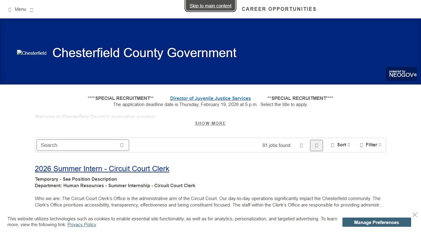 Career Opportunities Sorted by Job Title ascending Chesterfield County Government