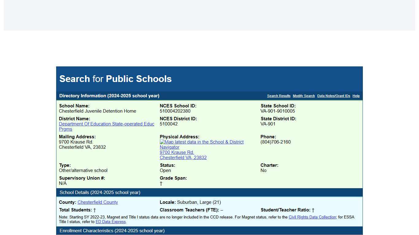 Search for Public Schools - Chesterfield Juvenile Detention Home (510004202380)
